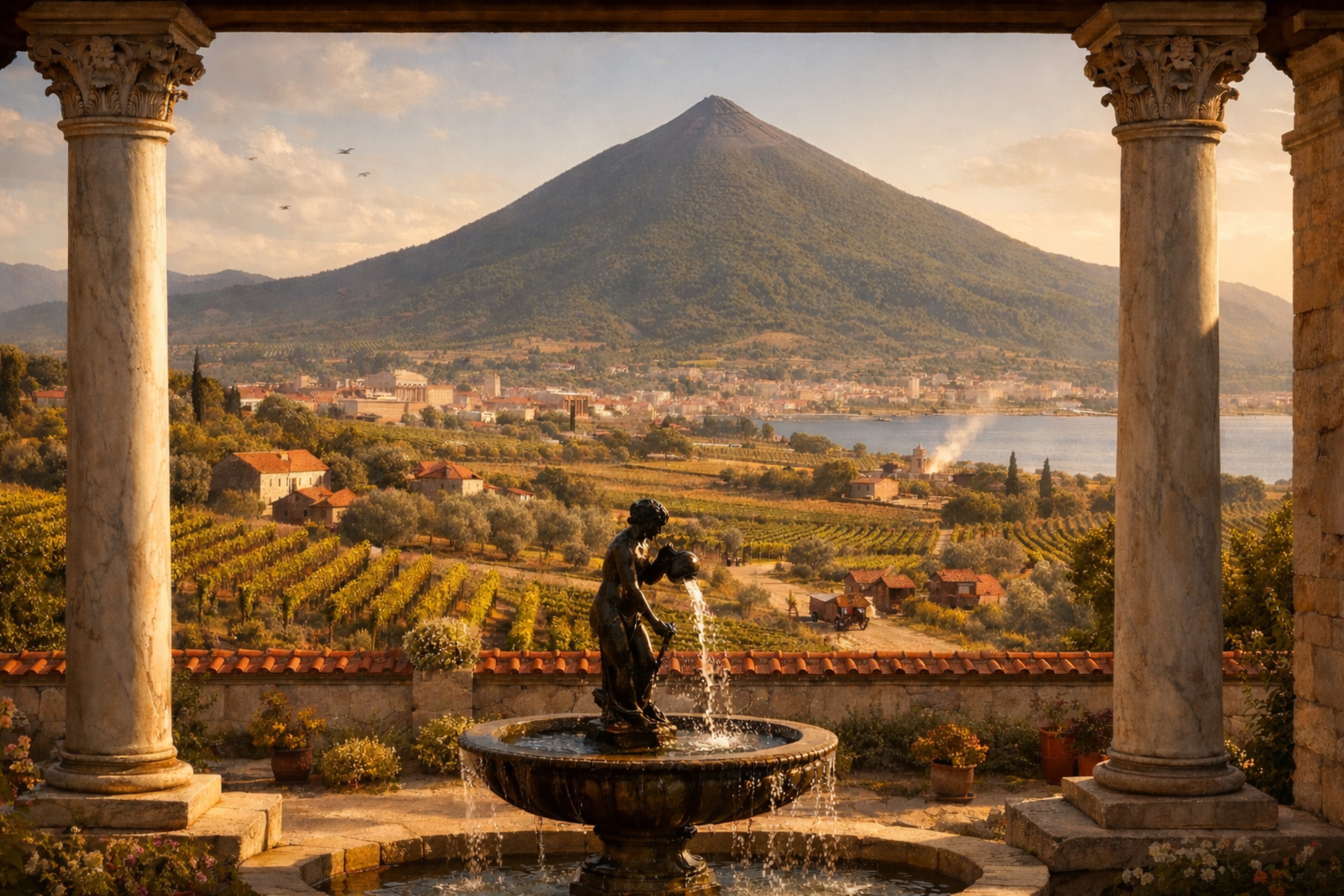 KI-Rekonstruktion: Blick von einer römischen Villa auf den Vesuv, Kampanien ca. 50 n.&thinsp;Chr.