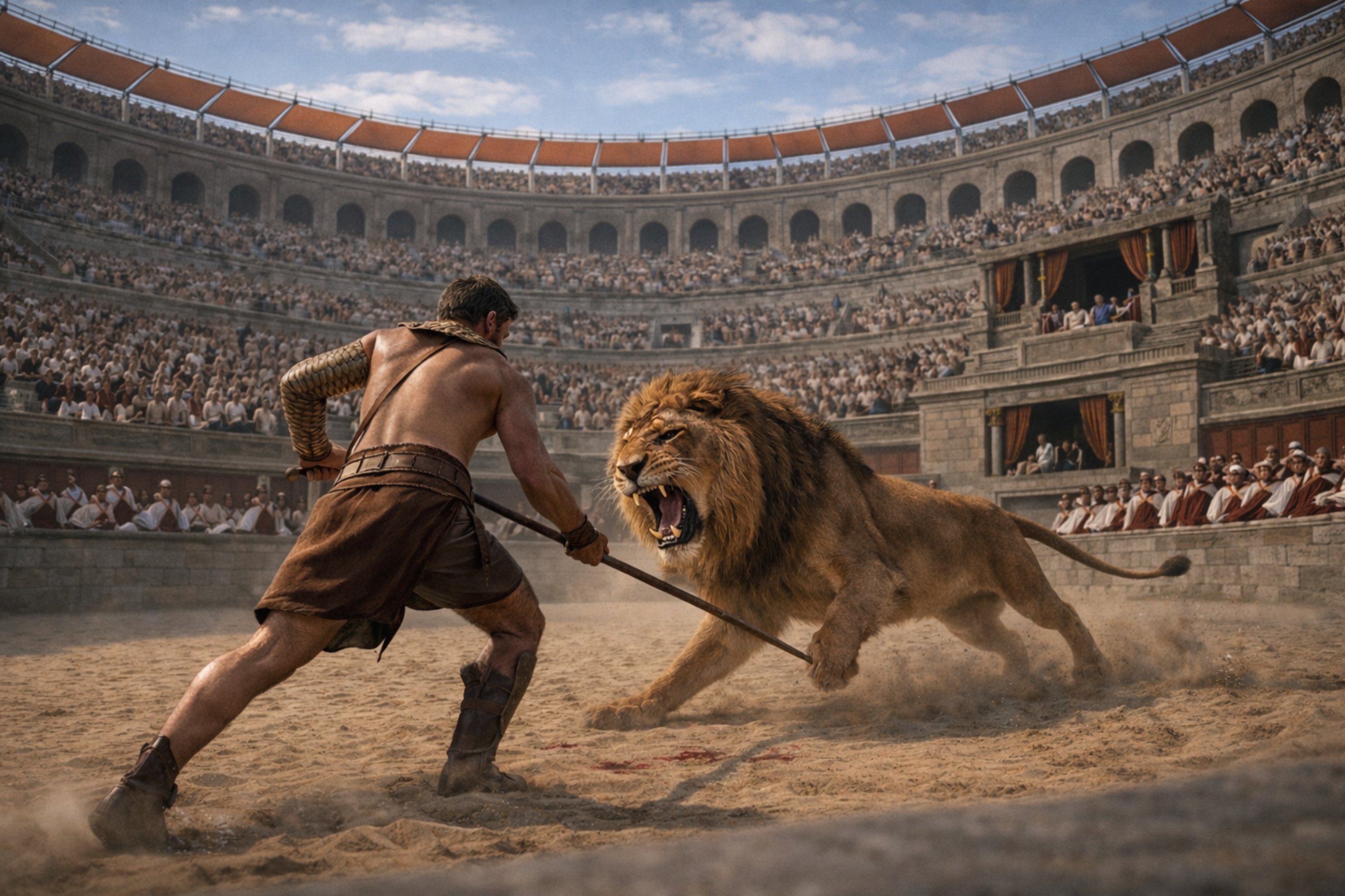 Gladiator gegen L&ouml;we im Amphitheatrum Flavium &ndash; Rekonstruktion