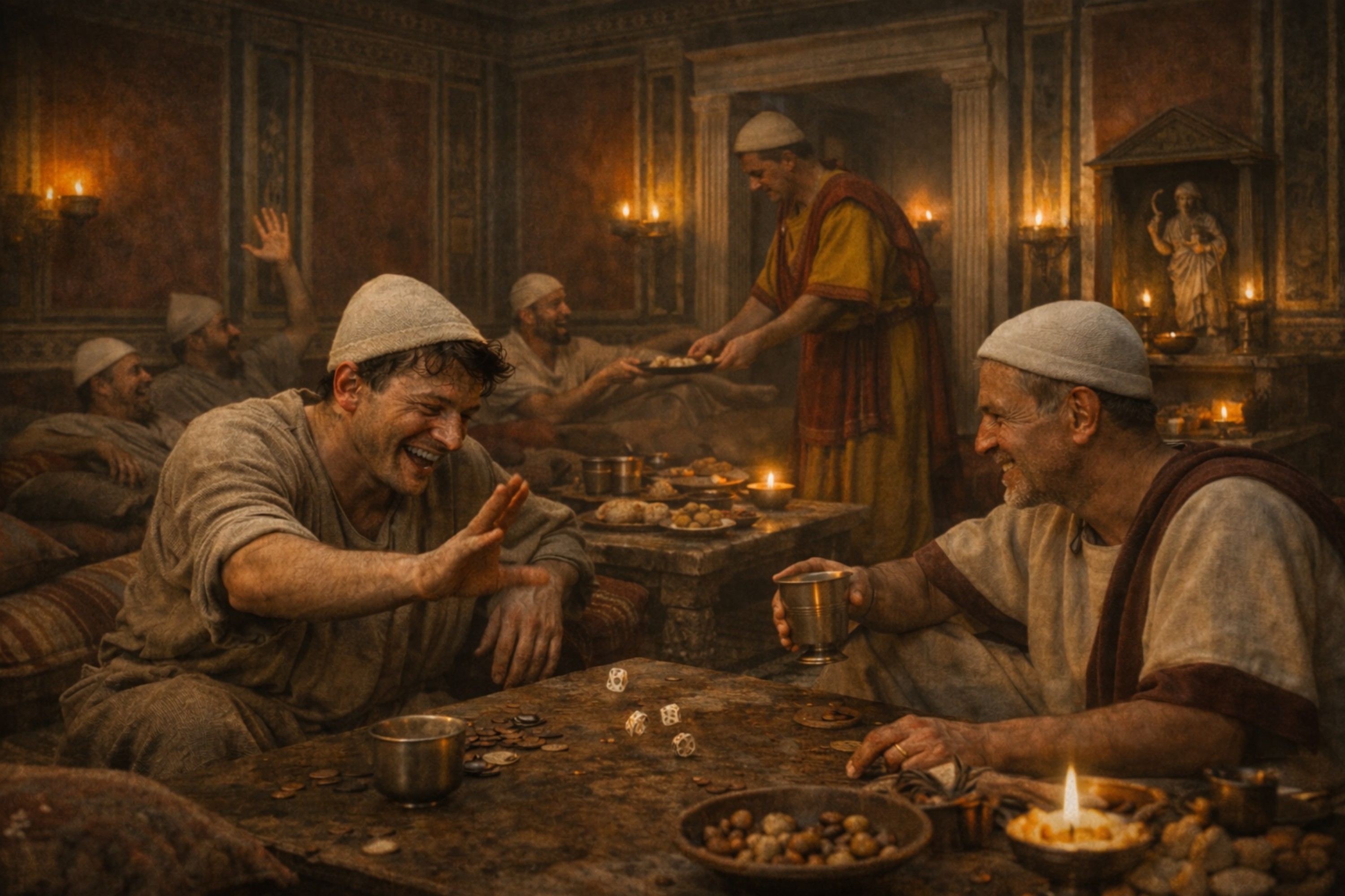 Junge Frau mit blauem Rucksack betrachtet die festlich geschmückte Via Sacra während der Saturnalien