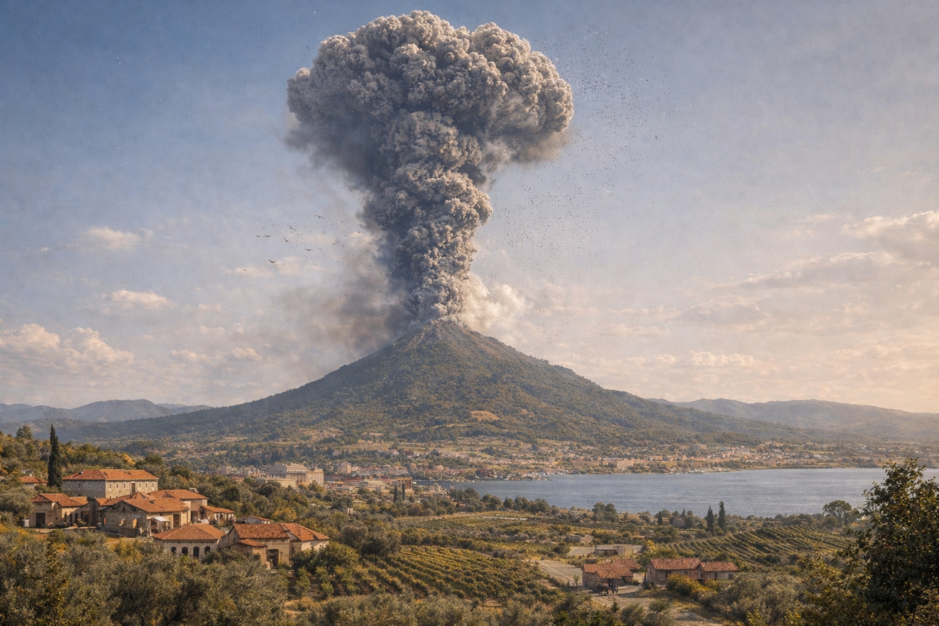 KI-Rekonstruktion: Phase 1 – Aufsteigende Eruptionssäule des Vesuvs, 79 n.&thinsp;Chr.